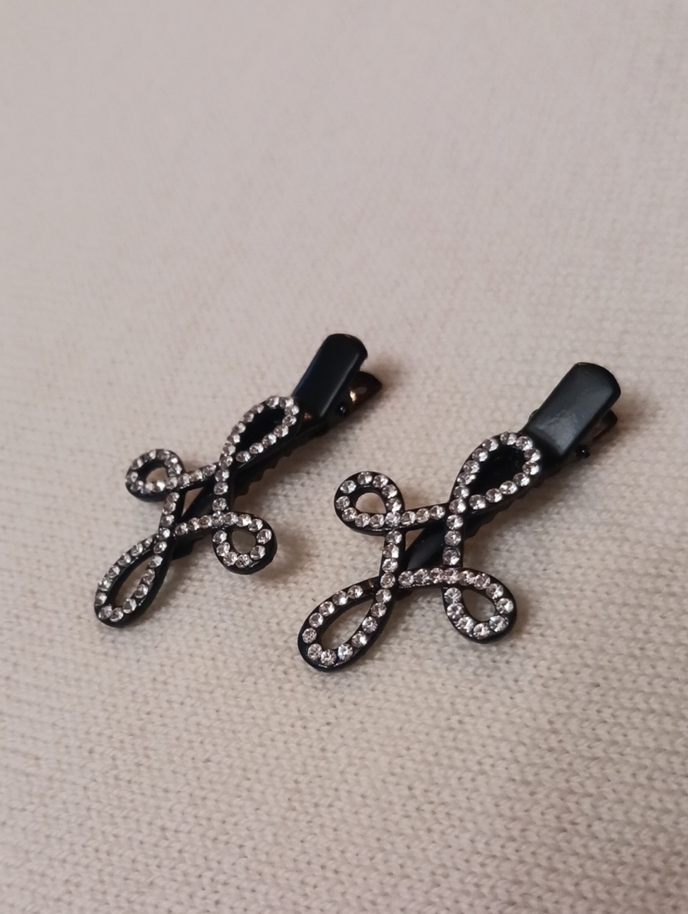 Vintage Black Metal Rhinestone Loop Hair Clips - Pair